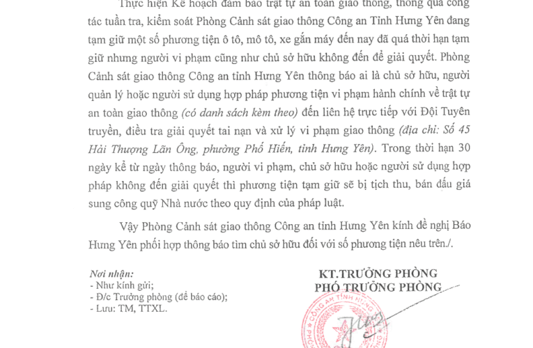 Thông báo tìm chủ sở hữu phương tiện vi phạm hành chính về trật tự an toàn giao thông