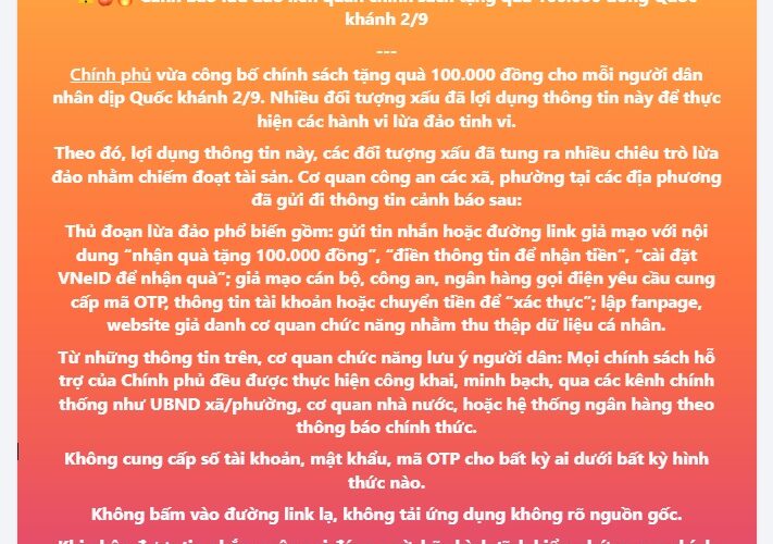 Cảnh báo lừa đảo liên quan chính sách tặng quà 100.000 đồng Quốc khánh 2/9